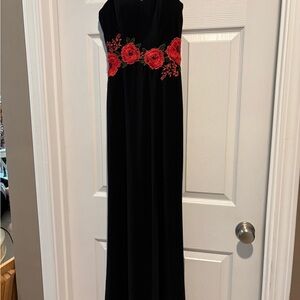 B Darlin Black Maxi Dress with Red Floral Design
